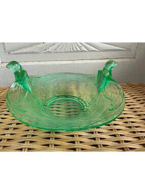 Vintage 1930s Dugan Glass Green Uranium Glass Love Bird Handle Bowl